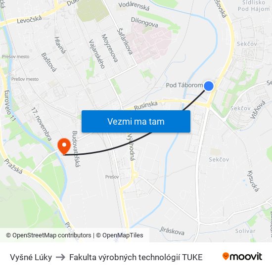 Vyšné Lúky to Fakulta výrobných technológií TUKE map