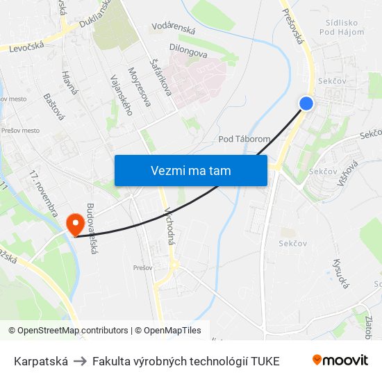 Karpatská to Fakulta výrobných technológií TUKE map