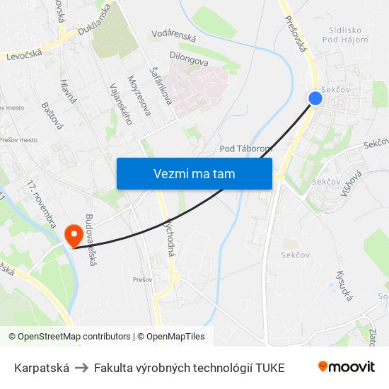 Karpatská to Fakulta výrobných technológií TUKE map