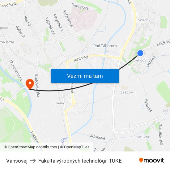 Vansovej to Fakulta výrobných technológií TUKE map