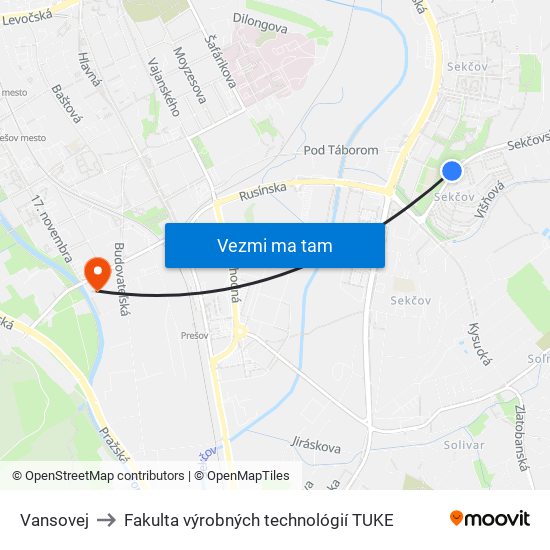 Vansovej to Fakulta výrobných technológií TUKE map