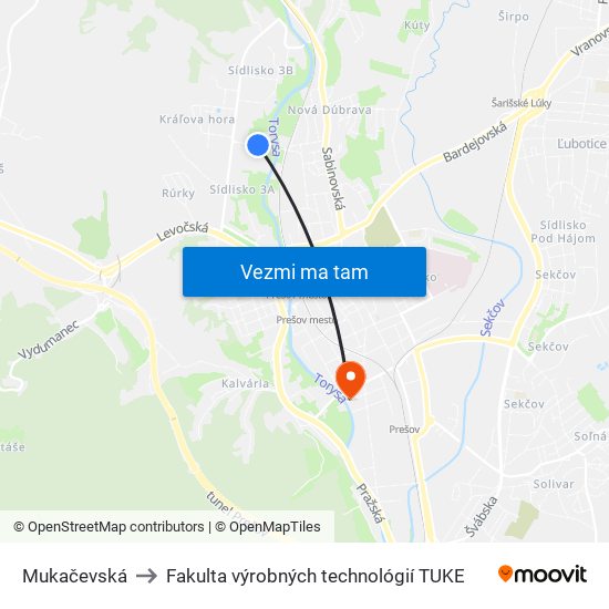 Mukačevská to Fakulta výrobných technológií TUKE map