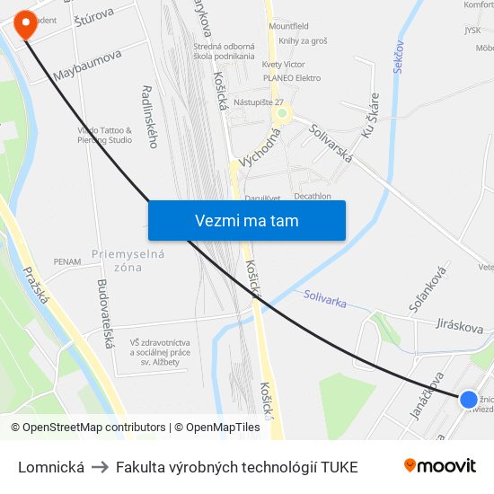 Lomnická to Fakulta výrobných technológií TUKE map