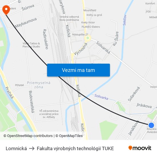 Lomnická to Fakulta výrobných technológií TUKE map