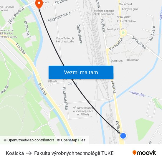 Košická to Fakulta výrobných technológií TUKE map