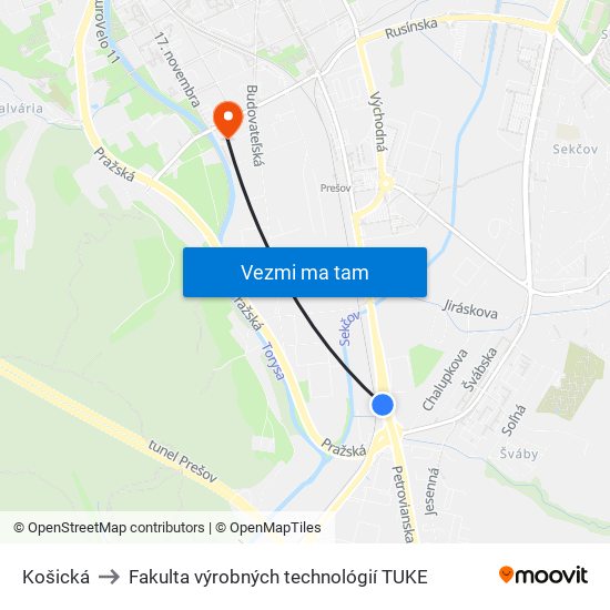 Košická to Fakulta výrobných technológií TUKE map