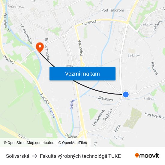 Solivarská to Fakulta výrobných technológií TUKE map