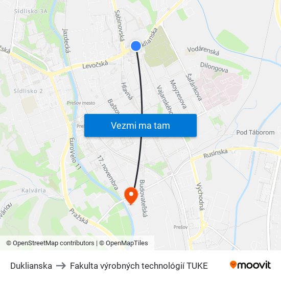 Duklianska to Fakulta výrobných technológií TUKE map