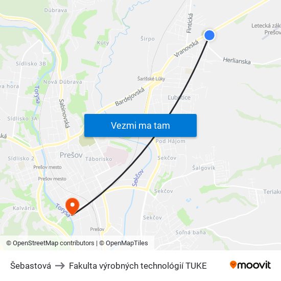 Šebastová to Fakulta výrobných technológií TUKE map