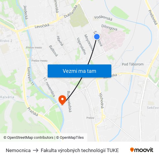 Nemocnica to Fakulta výrobných technológií TUKE map