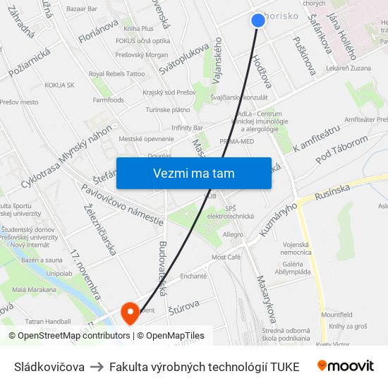 Sládkovičova to Fakulta výrobných technológií TUKE map