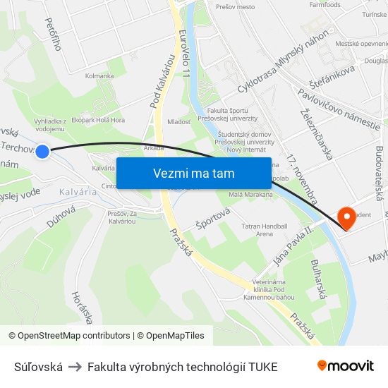 Súľovská to Fakulta výrobných technológií TUKE map