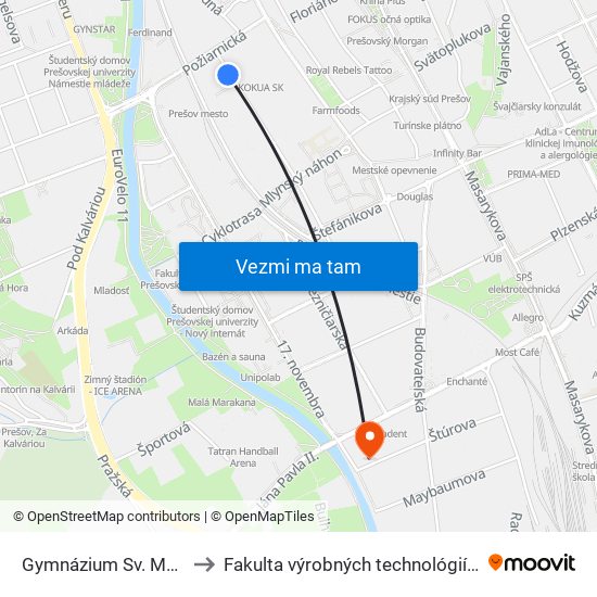 Gymnázium Sv. Moniky to Fakulta výrobných technológií TUKE map