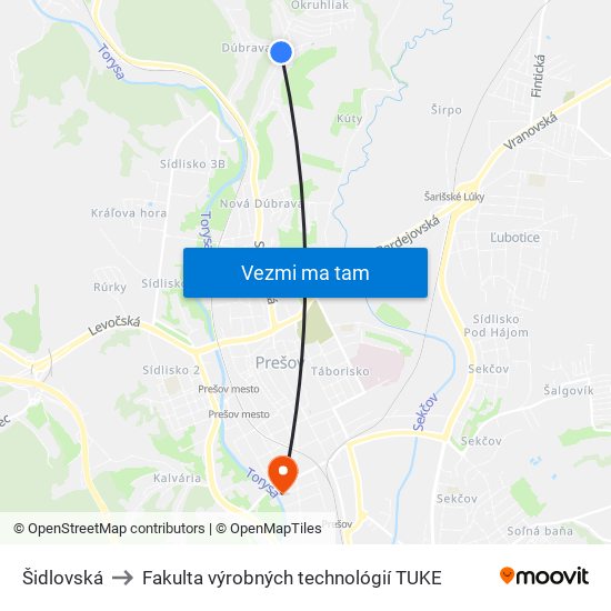 Šidlovská to Fakulta výrobných technológií TUKE map