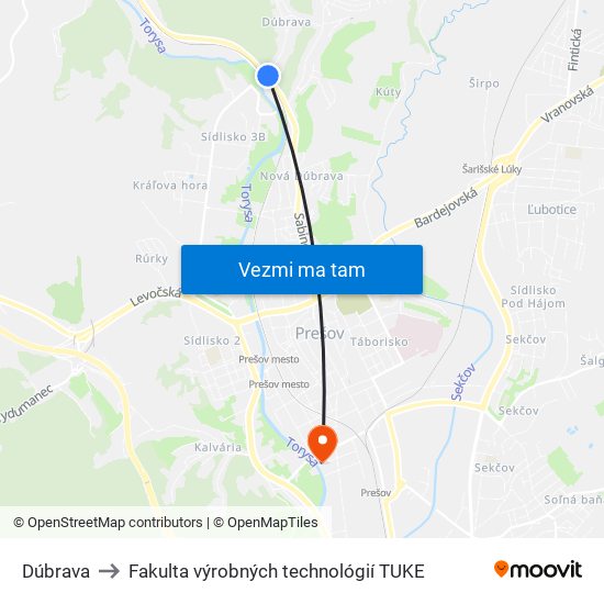 Dúbrava to Fakulta výrobných technológií TUKE map