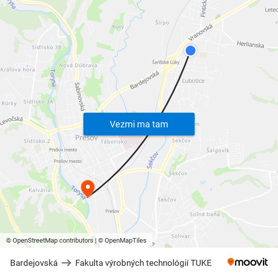 Bardejovská to Fakulta výrobných technológií TUKE map