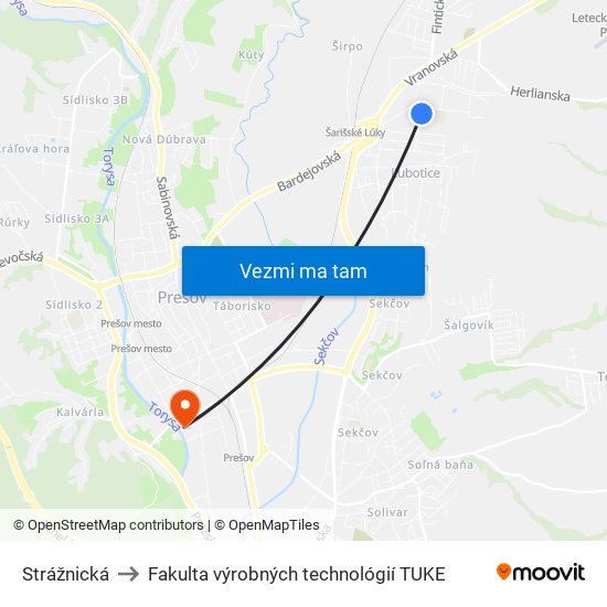 Strážnická to Fakulta výrobných technológií TUKE map