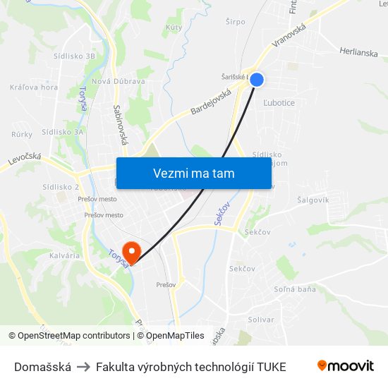 Domašská to Fakulta výrobných technológií TUKE map