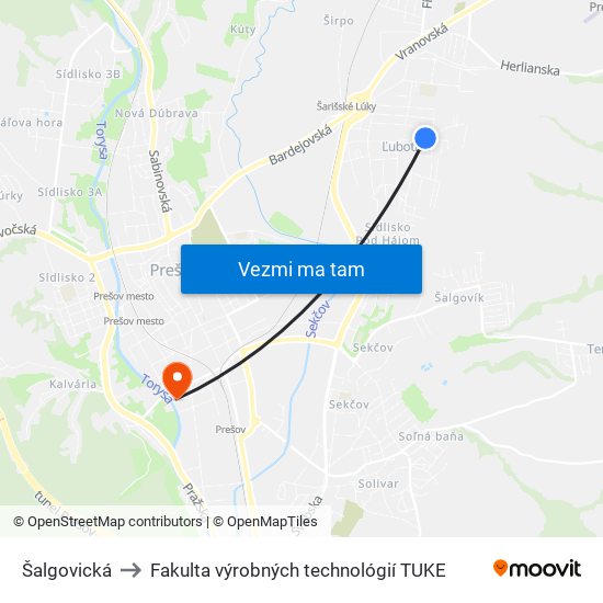 Šalgovická to Fakulta výrobných technológií TUKE map