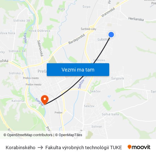 Korabinského to Fakulta výrobných technológií TUKE map