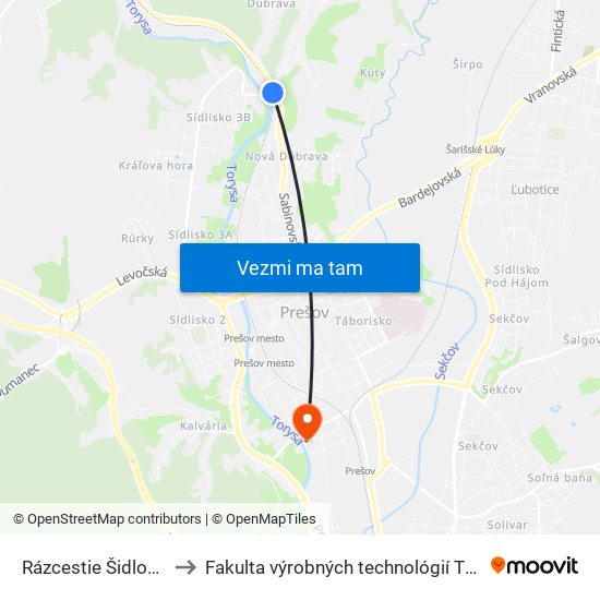 Rázcestie Šidlovec to Fakulta výrobných technológií TUKE map