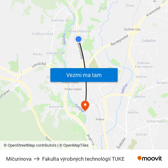 Mičurinova to Fakulta výrobných technológií TUKE map