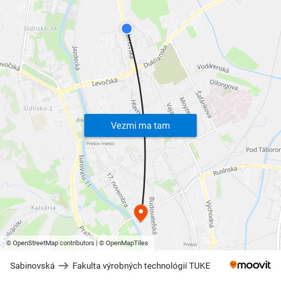 Sabinovská to Fakulta výrobných technológií TUKE map