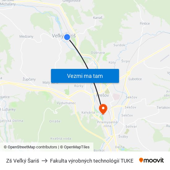 Zš Veľký Šariš to Fakulta výrobných technológií TUKE map