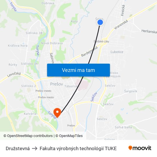 Družstevná to Fakulta výrobných technológií TUKE map