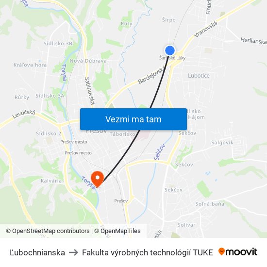 Ľubochnianska to Fakulta výrobných technológií TUKE map