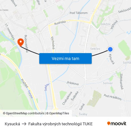 Kysucká to Fakulta výrobných technológií TUKE map