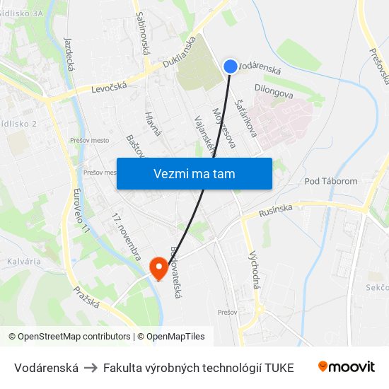 Vodárenská to Fakulta výrobných technológií TUKE map