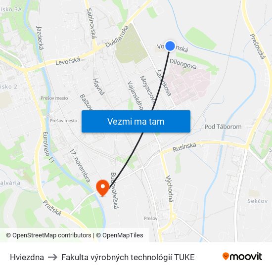 Hviezdna to Fakulta výrobných technológií TUKE map