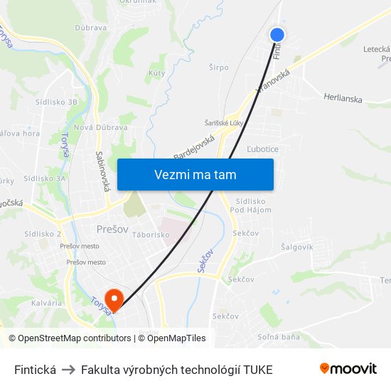 Fintická to Fakulta výrobných technológií TUKE map