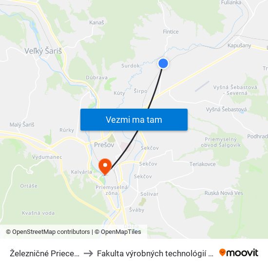 Železničné Priecestie to Fakulta výrobných technológií TUKE map