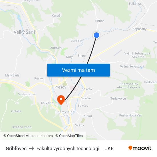 Gribľovec to Fakulta výrobných technológií TUKE map