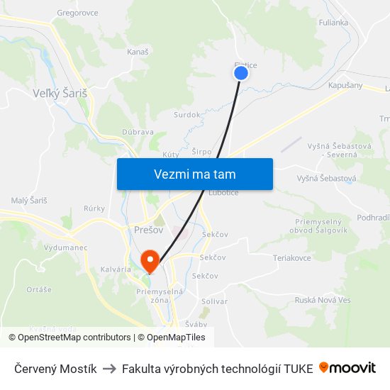 Červený Mostík to Fakulta výrobných technológií TUKE map