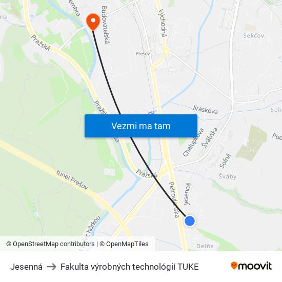 Jesenná to Fakulta výrobných technológií TUKE map