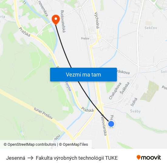 Jesenná to Fakulta výrobných technológií TUKE map