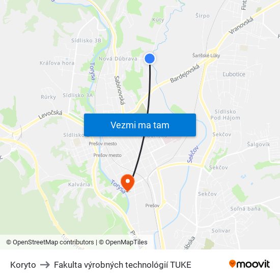 Koryto to Fakulta výrobných technológií TUKE map