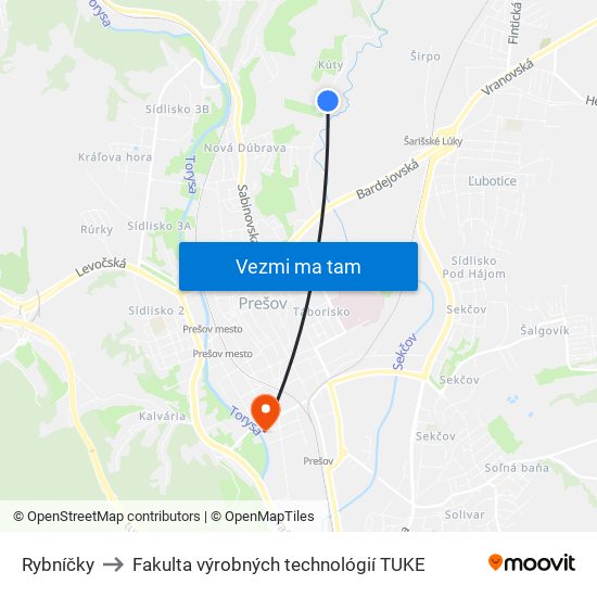 Rybníčky to Fakulta výrobných technológií TUKE map