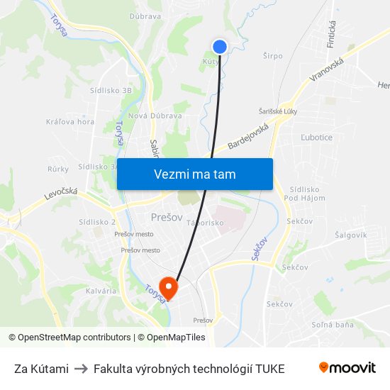 Za Kútami to Fakulta výrobných technológií TUKE map