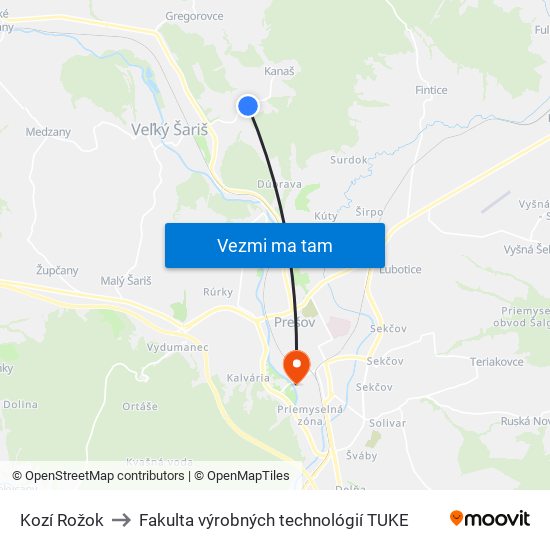 Kozí Rožok to Fakulta výrobných technológií TUKE map