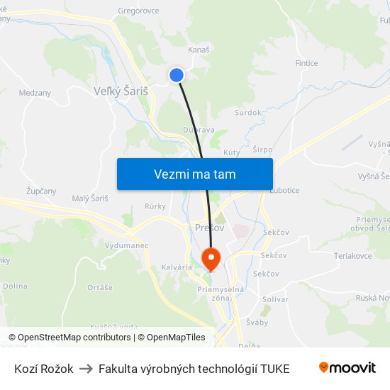 Kozí Rožok to Fakulta výrobných technológií TUKE map