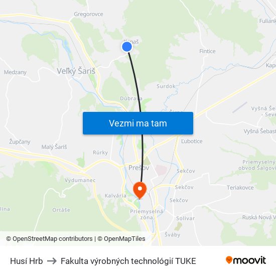 Husí Hrb to Fakulta výrobných technológií TUKE map