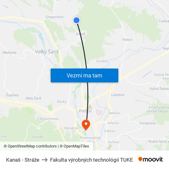 Kanaš - Stráže to Fakulta výrobných technológií TUKE map