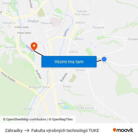 Záhradky to Fakulta výrobných technológií TUKE map