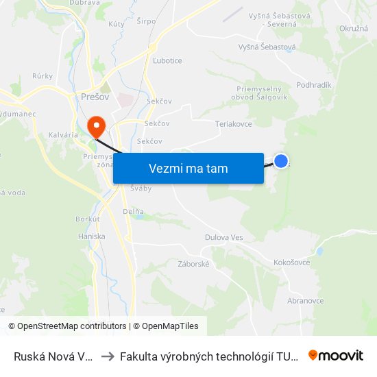 Ruská Nová Ves to Fakulta výrobných technológií TUKE map