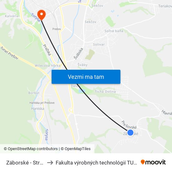 Záborské - Stred to Fakulta výrobných technológií TUKE map