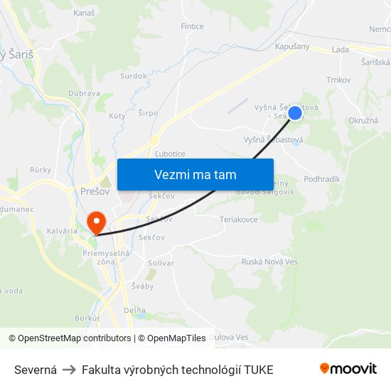 Severná to Fakulta výrobných technológií TUKE map